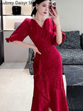 Yipinpay Midi Red Mermaid Dress Women Autumn Korean Sexy V-neck Irregular Sequins Dress Vintage Casual Evening Party Dress 2023