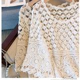 Yipinpay crochet hollow lace western-style half sleeved top, women's loose versatile cover up, sun protection , beach shirt