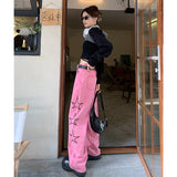 yipinpay Pink High Waist Women Jeans Star Print American Fashion Streetwear Wide Leg Jean Female Denim Trouser Baggy Denim Pants