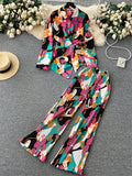 Yipinpay Autumn Print Suits Single Breasted Cardigan Bow Irregular Blouse+Pleated Wide Leg Long Pants Women Senior Vintage Sets