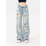 Yipinpay Korean Fashion Loose Jeans for Women Denim Hole Broken Retro Streetwear Spicy Girls Wide Leg Cargo Pants Women Clothing