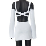 Yipinpay Sexy Womens Two-Piece Outfits Pure Color Split Long Sleeve Cutout Shoulder Backless Short Tops + Hollow-Out Skirt Streetwear