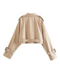 Yipinpay New Women Fashion With Belt Oversized Cropped Trench Coats Vintage Double Button Long Sleeve Ladies Short Khaki Jacket