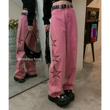 yipinpay Pink High Waist Women Jeans Star Print American Fashion Streetwear Wide Leg Jean Female Denim Trouser Baggy Denim Pants