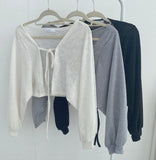 Yipinpay White Bandage Lantern Sleeve Cardigan Short Coat Pull Femme Wild Black Grey Knitwear Top Kimono Cardigan Casual Tshirt