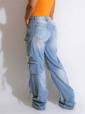 Yipinpay Simenual 2000s Aesthetics Multi Pockets Loose Denim Long Pants Casual Grunge Punk Holes Straight Trousers Y2K Streetwear Jeans
