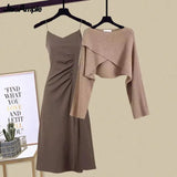 Yipinpay Autumn/Winter New Dress Matching Set Women's Chic Irregular Knit Sweater Sling Skirt Two Piece Korean Elegant Pullover Suit