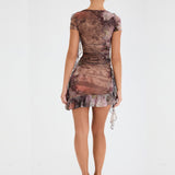 Yipinpay Fashion Women Summer 2 Pieces Outfits Print Short Sleeve Mesh T-Shirts Crop Tops Ruffles Wrapped Hip Short Skirts Set