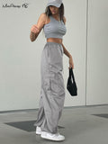 Yipinpay Street Style Khaki Parachute Pants Women Pleated High Waist Pockets Cargo Pants Casual Drawstring Trousers Gray 2023