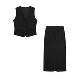 Yipinpay Black Long Skirts For Women Fashion 2023 High Waist Midi Skirt With Slit Summer Skirt Woman Elegant Women's Skirts Sets