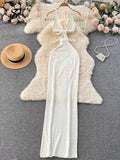 Yipinpay Spaghetti Strap Knitted Beach Long Dress Summer Vintage Hollow Out Sheath Sundress 2024 Elastic Backless Sexy Dress