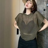 Yipinpay Short Sleeved Top with Hollowed Out Top Paired with Summer Thin and Oversized Sun Protection Clothing for Women