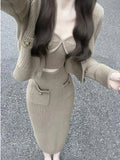 Yipinpay Knitted 3 Piece Set Woman Fashion Suit Casual Sweater Cardigan + Sexy Vest + Slim Bodycon Midi Skirt Office Lady 2024