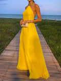 Yipinpay Women Elegant Chain Halter Backless Dresses 2023 Summer Fashion Chic Yellow A-Line Vestidos Evening Party Ladies Maxi Dresses