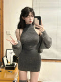 Yipinpay Autumn Elegant Knitted Suit Woman Korean Fashion 2 Piece Set Sexy Sleeveless Slim Mini Dress + Casual Short Cardigan Chic