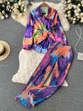 Yipinpay Female Fashion Print Two Pieces Suits Bow Bandage Long Sleeve Tops+Casual Wide Leg Pants Streetwear Autumn Retro Sets