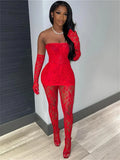Yipinpay Simenual Trim Sheer Lace Women 3 Piece Sets Solid Strapless Tupe Top Hot Skinny Pantyhose Pants Baddie Club Outfit Lingerie Suit
