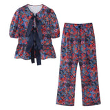 Yipinpay Flower Printing Long Pant Set Women Elegant O Neck Lace Up Short Sleeve Shirts Wide Leg Trousers Chic Lady 2 Pieces Sets