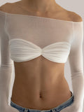 Yipinpay Knit Tops Sexy See Through Off The Shoulder Ruched Bodycon Crop Top for Women Fashion Long Sleeve T-Shirts White
