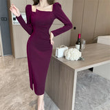 Yipinpay French Style Elegant Dresses Women Sexy Long Sleeve Slash Neck Slim Solid Vintage Dress Ladies Sexy Split Autumn Fashion