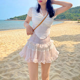 Yipinpay Fairycore Mesh A-line Women Lace Korean Fashion Cute Skirt Female Summer Slim College Style Lolita Fairy Skirts