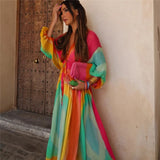 Yipinpay 2023 Tie Dye Long Dress Women Ruched Chiffon Midi Dress Woman Long Sleeve Summer Dresses Asymmetric Holiday Party Dresses