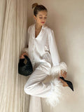 Yipinpay Feather Cuffs Pants Sets Of Two Fashion Pieces For Women Sleepwear Notched Shirts And Wide Leg Pant Homewear Outfits