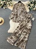 Yipinpay Summer Vintage Beach Three Pieces Suits Ladies Oversize Blouse+Wide Legs Long Pants Pleated Loose Casual Print Sets