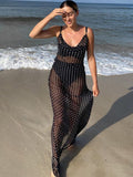 Yipinpay Summer Dot See Through Long Dress Women Lace Up Backless Sexy Long Dresses Elegant Femme Sheer Mesh Beach Party Sundress