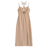 Yipinpay Summer Women Fashion Backless Halter Sling Dresses Front Slit V Neck Female Midi Party Sexy Dress