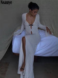 yipinpay Fashion Elegant Sexy Women V Neck Long Sleeve Beach Summer Maxi Dresses Party Holiday Hollow Out Long Dress Women 2023