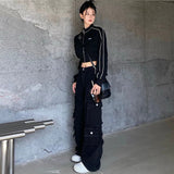 Yipinpay Grunge Zip Up Hoodie Streetwear Women Korean Fashion Casual Slim Sweatshirts Striped Black Long Sleeve Cropped Hoodie