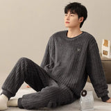 Yipinpay Men's Winter Warm Plush Thickened Sleepwear Set French Loose Flannel Pijama Trousers Two Pieces Suit Male Cute Nightwear