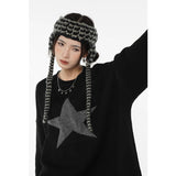 yipinpay Women Black Sweater Round Neck Star Pattern Fashion Retro Lazy Wind Thickening Winter New Long Sleeves Knitting Pullover Tops