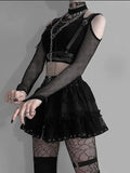 Yipinpay Gothic Mesh T-shirt Women Vintage Streetwear Punk Aesthetic Lace Up Patchwork Tee Tops Y2k Open Shoulder Emo Alt Clothes
