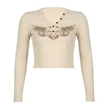 Yipinpay Women T-shirts Fall Winter 2023 Sexy Crop Top 2000s Clothes y2k Graphic Fairy Grunge Vintage Long Sleeve Top Streetwear