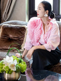 Yipinpay Mujer De Moda 2023 Loose Sleeve Design Pleated Large Flower Shirts Sweet Pink Tops Korean Chic Office Lady Shirt Women