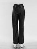 Yipinpay Vintage Brown Pu Pants Women Winter High Waist Wide Leg Pants Warm Pleated Floor-Length Office Ladies Solid Trousers