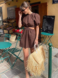 Yipinpay Bohemian Hollow Out Sexy Dress Woman Brown Chic Female Mini Summer Dresses Beach Wear Short Sleeve Backless Vacation