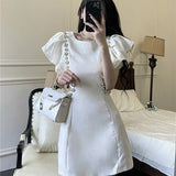 Yipinpay Woman Dress Flying Sleeve Rhinestone Hollow Out O Neck Elegant Spring New Slim White Sexy Dresses Female Mini Fashion
