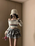 Yipinpay Sexy Hot Girl Suit Women's Autumn Hair Off Shoulde Twists Knittied Pullover High Waist Mini Skirt Fashion Two-piece Set