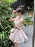 Yipinpay Sexy Dresses Women Floral Printed Swinging Collar French Style Chic Summer Elegant Sweet Dress Ladies Backless Vintage