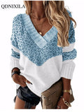 Yipinpay Autumn Winter V-neck Women's Pullover Leopard Striped Vintage Long Sleeve Knit Top Korean Fashion Pink Women Sweater Jersey