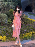 Yipinpay Sleeve French Elegant Dress Beach Floral One Piece Dress Korean Fashion Party 2023 Summer Casual Vintage Midi Dress Woman