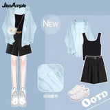 Yipinpay Women's Tracksuit Suit 2024 Summer New Casual Sunscreen Shirt Top Vest Shorts Three Piece Korean Chic Blouse Pants Matching Set