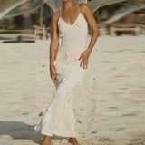 Yipinpay Knitted 3D Flower Maxi Slip Dress For Women Chic Sleeveless Backless V-neck Long Dress 2024 Summer Holiday Beach Lady Robe