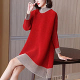 Yipinpay pleated contrast color half-high neck dress women loose split long-sleeved belly show fashionable high-end dress female