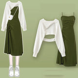 Yipinpay Women's fashion cut-out sweater+suspender Skirt two-piece set Korean Elegant New in Matching Set 2024 Spring Summer Dress Suit