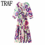 Yipinpay Printed Long Dress Women Cut Out Midi Dresses Woman Ruffle Beach Summer Dress Women 2023 Vintage Elegant Women's Dresses