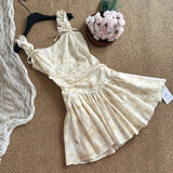 Yipinpay Romantic Yellow Flower Short Vintage Dress Summer Beach Style Sweet Sleeveless Waist Slimming A-line Slip Dress for Women